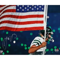 New York Jets Photos | Prints & Artwork^Aaron Rodgers Autographed 16" X 20" Running With American Flag Photograph