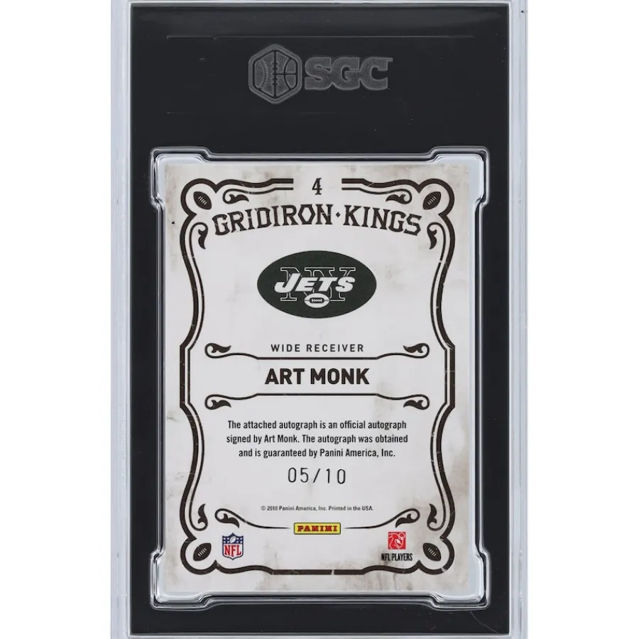 New York Jets Trading Cards^Art Monk Autographed 2010 Panini Threads Gridiron Kings #4 #5/10 SGC Authenticated 9.5/10 Card