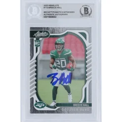 New York Jets Trading Cards^Breece Hall 2022 Panini Absolute #114 Beckett Fanatics Witnessed Authenticated Rookie Card