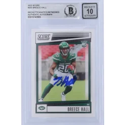 New York Jets Trading Cards^Breece Hall Autographed 2022 Panini Score #330 Beckett Fanatics Witnessed Authenticated 10 Rookie Card