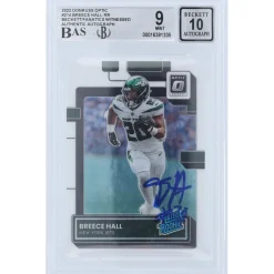 New York Jets Trading Cards^Breece Hall Autographed 2022 Panini Donruss Rated Rookie #214 Beckett Fanatics Witnessed Authenticated 9/10 Rookie Card