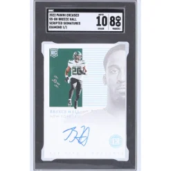 New York Jets Trading Cards^Breece Hall Autographed 2022 Panini Encased Scripted Signatures Diamond #SS-BH #1/1 SGC Authenticated 8/10 Rookie Card