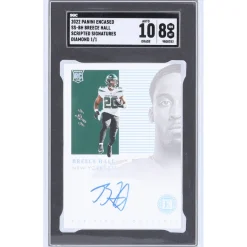 New York Jets Trading Cards^Breece Hall Autographed 2022 Panini Encased Scripted Signatures Diamond #SS-BH #1/1 SGC Authenticated 8/10 Rookie Card