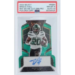 New York Jets Trading Cards^Breece Hall Autographed 2022 Panini Select Green Die-Cut #RS-BH #4/5 PSA Authenticated 8/10 Rookie Card