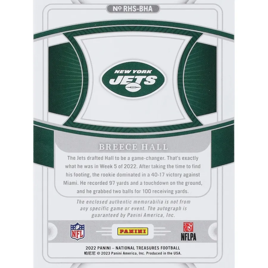 New York Jets Trading Cards^Breece Hall Autographed 2022 Panini National Treasures Cap Patch Relic #RHS-BHA #3/3 BGS Authenticated Rookie Card