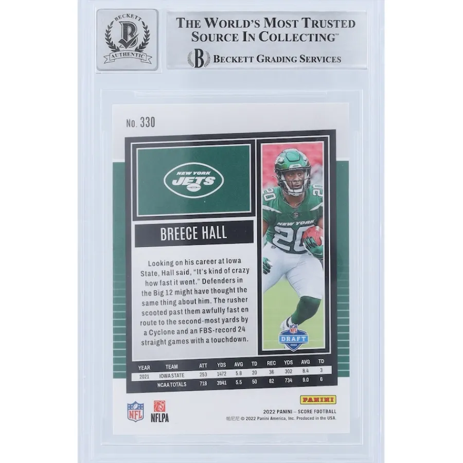 New York Jets Trading Cards^Breece Hall Autographed 2022 Panini Score #330 Beckett Fanatics Witnessed Authenticated 9/10 Rookie Card