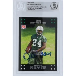 New York Jets Trading Cards^Darrelle Revis Autographed 2007 Topps #374 Beckett Fanatics Witnessed Authenticated Rookie Card