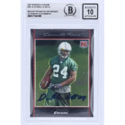 New York Jets Trading Cards^Darrelle Revis Autographed 2007 Topps Chrome #BC10 Beckett Fanatics Witnessed Authenticated 10 Rookie Card
