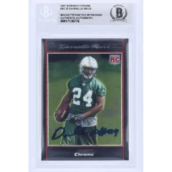 New York Jets Trading Cards^Darrelle Revis Autographed 2007 Topps Chrome #BC10 Beckett Fanatics Witnessed Authenticated Rookie Card