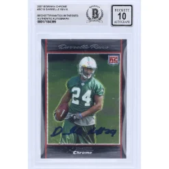New York Jets Trading Cards^Darrelle Revis Autographed 2007 Topps Chrome #BC10 Beckett Fanatics Witnessed Authenticated 10 Rookie Card