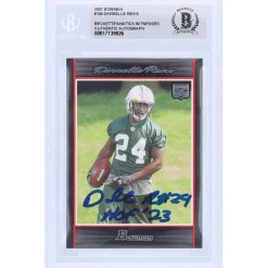 New York Jets Trading Cards^Darrelle Revis Autographed 2007 Bowman #199 Beckett Fanatics Witnessed Authenticated Rookie Card With "HOF '23" Inscription