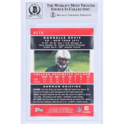 New York Jets Trading Cards^Darrelle Revis Autographed 2007 Topps Chrome #BC10 Beckett Fanatics Witnessed Authenticated 10 Rookie Card