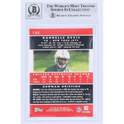 New York Jets Trading Cards^Darrelle Revis Autographed 2007 Bowman #199 Beckett Fanatics Witnessed Authenticated 10 Rookie Card