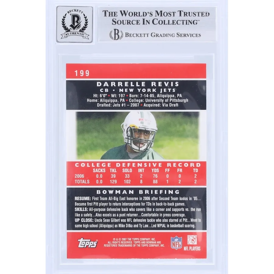 New York Jets Trading Cards^Darrelle Revis Autographed 2007 Bowman #199 Beckett Fanatics Witnessed Authenticated 10 Rookie Card With "HOF '23" Inscription