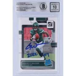 New York Jets Trading Cards^Garrett Wilson Autographed 2022 Panini Donruss Rated Rookie #306 Beckett Fanatics Witnessed Authenticated 10 Rookie Card With "2022 OROY" Inscription