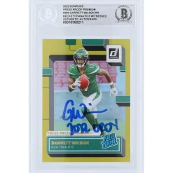 New York Jets Trading Cards^Garrett Wilson Autographed 2022 Panini Donruss Rated Rookie Press Proof Premium #306 Beckett Fanatics Witnessed Authenticated Rookie Card With "2022 OROY" Inscription
