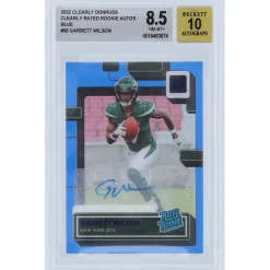 New York Jets Trading Cards^Garrett Wilson Autographed 2022 Panini Clearly Donruss Blue Variation #56 #15/99 BGS Authenticated 8.5/10 Rookie Card
