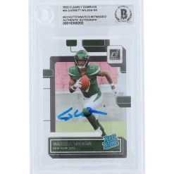 New York Jets Trading Cards^Garrett Wilson Autographed 2022 Panini Clearly Donruss Rated Rookie #56 Beckett Fanatics Witnessed Authenticated Rookie Card