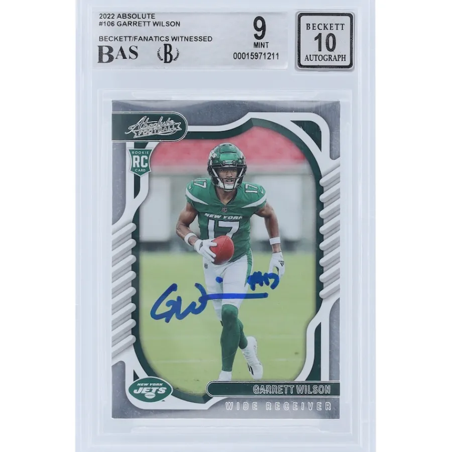 New York Jets Trading Cards^Garrett Wilson Autographed 2022 Panini Absolute #106 Beckett Fanatics Witnessed Authenticated 9/10 Rookie Card