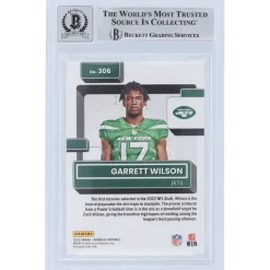 New York Jets Trading Cards^Garrett Wilson Autographed 2022 Panini Donruss Rated Rookie Canvas #306 Beckett Fanatics Witnessed Authenticated 10 Rookie Card