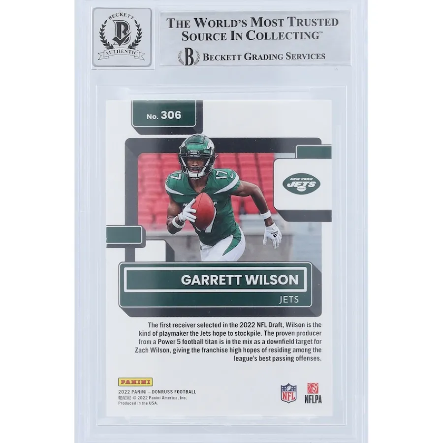 New York Jets Trading Cards^Garrett Wilson Autographed 2022 Panini Donruss Rated Rookie #306 Beckett Fanatics Witnessed Authenticated 9/10 Rookie Card