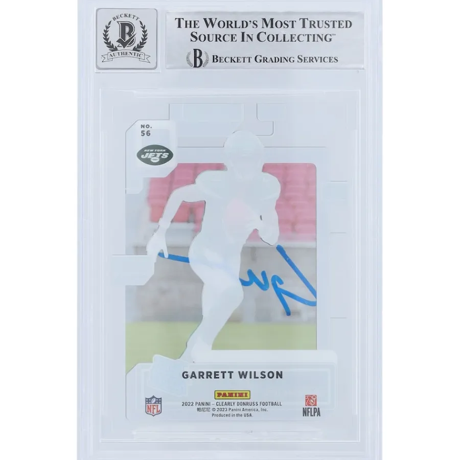 New York Jets Trading Cards^Garrett Wilson Autographed 2022 Panini Clearly Donruss Rated Rookie #56 Beckett Fanatics Witnessed Authenticated 9/10 Rookie Card