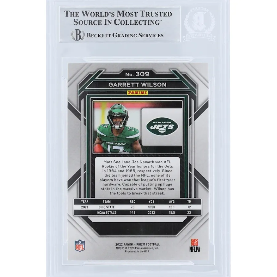 New York Jets Trading Cards^Garrett Wilson Autographed 2022 Panini Prizm #309 Beckett Fanatics Witnessed Authenticated Rookie Card