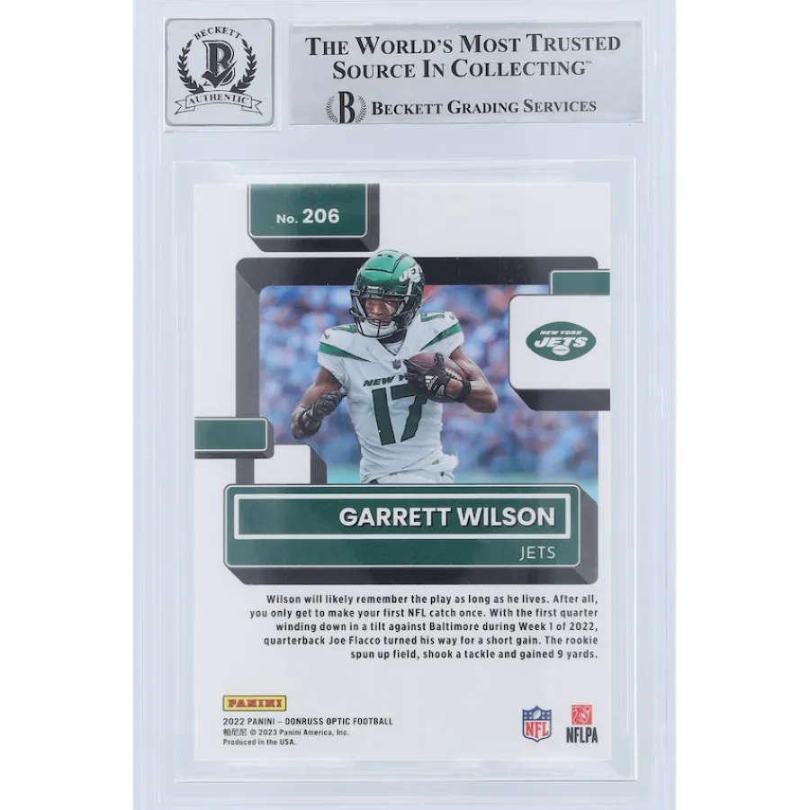 New York Jets Trading Cards^Garrett Wilson Autographed 2022 Panini Donruss Optic Rated Rookie #206 Beckett Fanatics Witnessed Authenticated 9/10 Rookie Card With "2022 OROY" Inscription