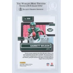 New York Jets Trading Cards^Garrett Wilson Autographed 2022 Panini Donruss Rated Rookie Press Proof Premium #306 Beckett Fanatics Witnessed Authenticated Rookie Card With 