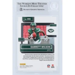 New York Jets Trading Cards^Garrett Wilson Autographed 2022 Panini Donruss Rated Rookie #306 Beckett Fanatics Witnessed Authenticated Rookie Card With 