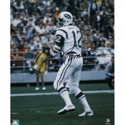 New York Jets Photos | Prints & Artwork^Joe Namath Autographed 16" X 20" White Jersey In Pocket Photograph