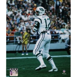 New York Jets Photos | Prints & Artwork^Joe Namath Autographed 8" X 10" White Jersey In Pocket Photograph