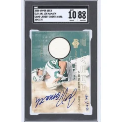 New York Jets Trading Cards^Joe Namath Autographed 2000 Upper Deck Game-Jersey Greats Relic #GJG-JN1 #104/175 SGC Authenticated 8/10 Card