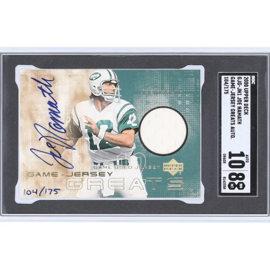 New York Jets Trading Cards^Joe Namath Autographed 2000 Upper Deck Game-Jersey Greats Relic #GJG-JN1 #104/175 SGC Authenticated 8/10 Card