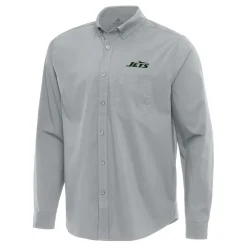 New York Jets Sweaters & Dress Shirts | Sweaters^Men's Antigua Gray Flight Woven Tri-Blend Long Sleeve Button-Down Shirt