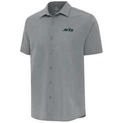 New York Jets Sweaters & Dress Shirts | Sweaters^Men's Antigua Gray Activate Woven Button-Up Shirt