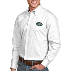 New York Jets Sweaters & Dress Shirts^Men's Antigua White Dynasty Woven Long Sleeve Button-Down Logo Shirt