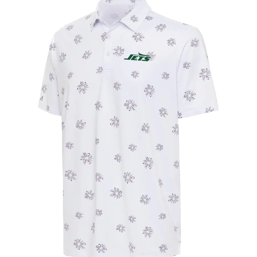 New York Jets Polos^Men's Antigua White Fireworks Polo