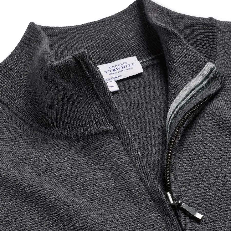 New York Jets Sweaters & Dress Shirts | Sweatshirts & Fleece^Men's Charles Tyrwhitt Gray Merino Quarter-Zip Pullover Sweater