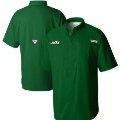 New York Jets Polos | Sweaters & Dress Shirts^Men's Columbia Green Tamiami Omni-Shade Button-Down Shirt