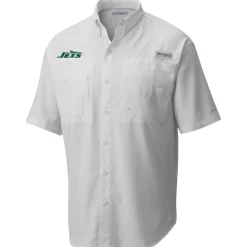 New York Jets Polos | Sweaters & Dress Shirts^Men's Columbia White Tamiami Omni-Shade Button-Down Shirt