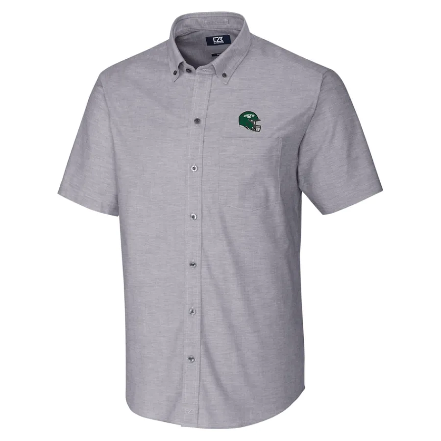 New York Jets Sweaters & Dress Shirts^Men's Cutter & Buck Charcoal Helmet Short Sleeve Stretch Oxford Button-Down Shirt