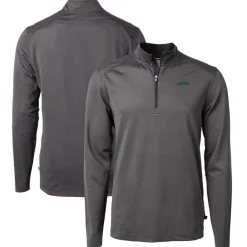 New York Jets Big & Tall^Men's Cutter & Buck Black/Gray Big & Tall Primary Logo Virtue Eco Pique Micro Stripe Recycled Quarter-Zip Top
