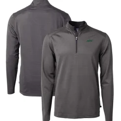 New York Jets Big & Tall^Men's Cutter & Buck Black/Gray Big & Tall Primary Logo Virtue Eco Pique Micro Stripe Recycled Quarter-Zip Top
