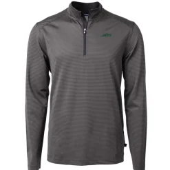 New York Jets Big & Tall^Men's Cutter & Buck Black/Gray Big & Tall Primary Logo Virtue Eco Pique Micro Stripe Recycled Quarter-Zip Top