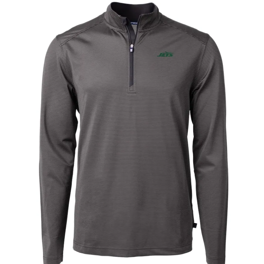 New York Jets Big & Tall^Men's Cutter & Buck Black/Gray Big & Tall Primary Logo Virtue Eco Pique Micro Stripe Recycled Quarter-Zip Top
