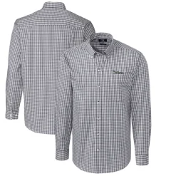 New York Jets Sweaters & Dress Shirts^Men's Cutter & Buck Charcoal Throwback Logo Easy Care Stretch Gingham Big & Tall Long Sleeve Button-Down Shirt