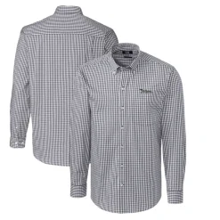 New York Jets Sweaters & Dress Shirts^Men's Cutter & Buck Charcoal Throwback Logo Easy Care Stretch Gingham Long Sleeve Button-Down Shirt