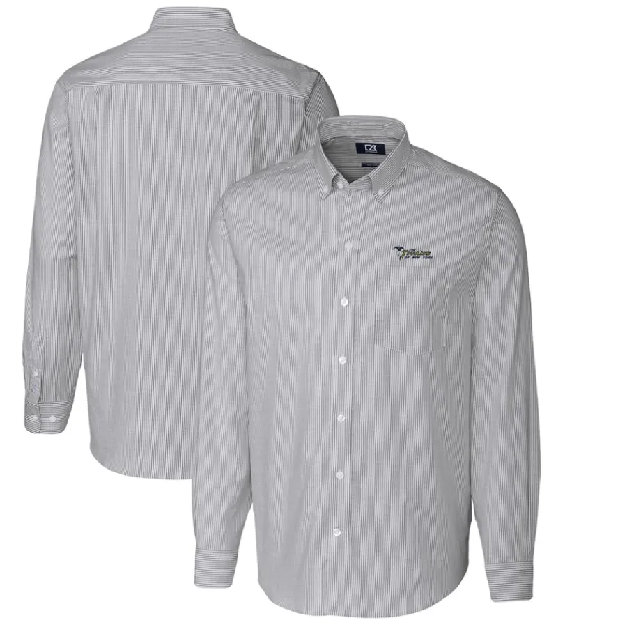 New York Jets Sweaters & Dress Shirts^Men's Cutter & Buck Charcoal Throwback Logo Big & Tall Stretch Oxford Stripe Long Sleeve Button Down Shirt