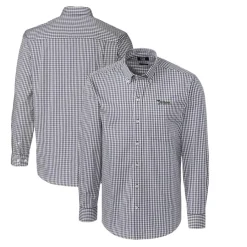New York Jets Sweaters & Dress Shirts^Men's Cutter & Buck Charcoal Throwback Logo Easy Care Stretch Gingham Long Sleeve Button-Down Shirt
